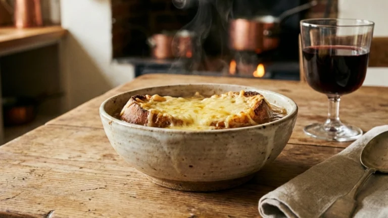 Easy homemade French onion soup topped with melted cheese and toasted bread