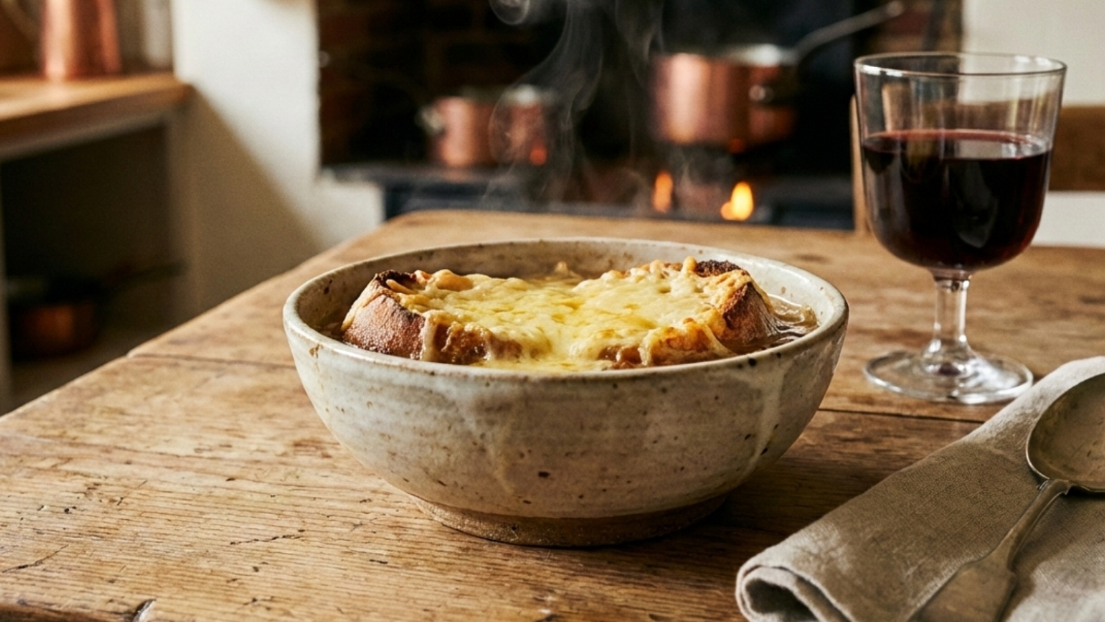 Easy homemade French onion soup topped with melted cheese and toasted bread