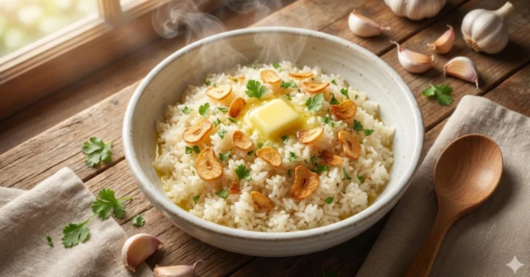 Vertical image of garlic butter rice in rustic bowl for social media