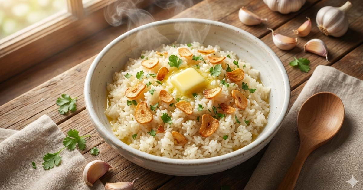 Vertical image of garlic butter rice in rustic bowl for social media
