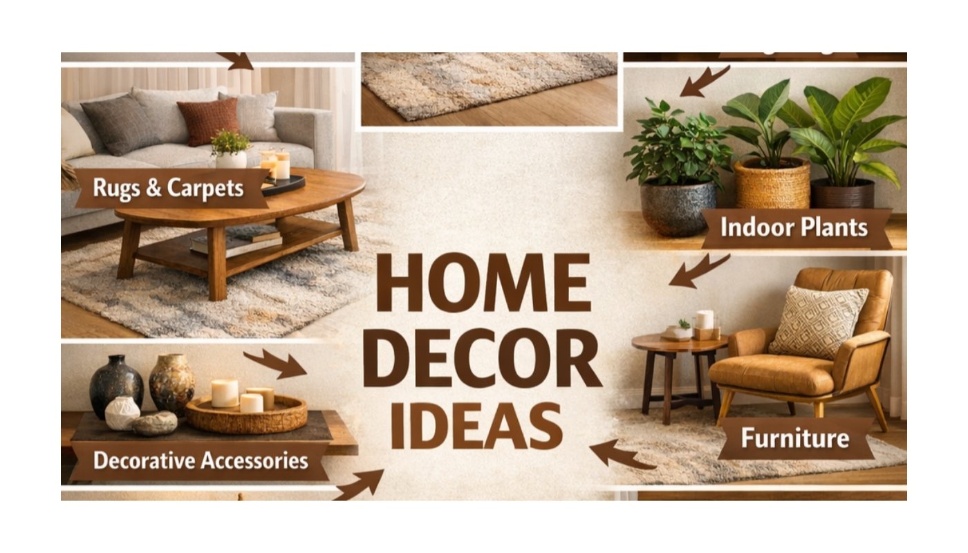 Complete home decor ideas showing wall decor, rugs & carpets, lighting, indoor plants, furniture, bedroom, kitchen, bathroom and eco-friendly decor