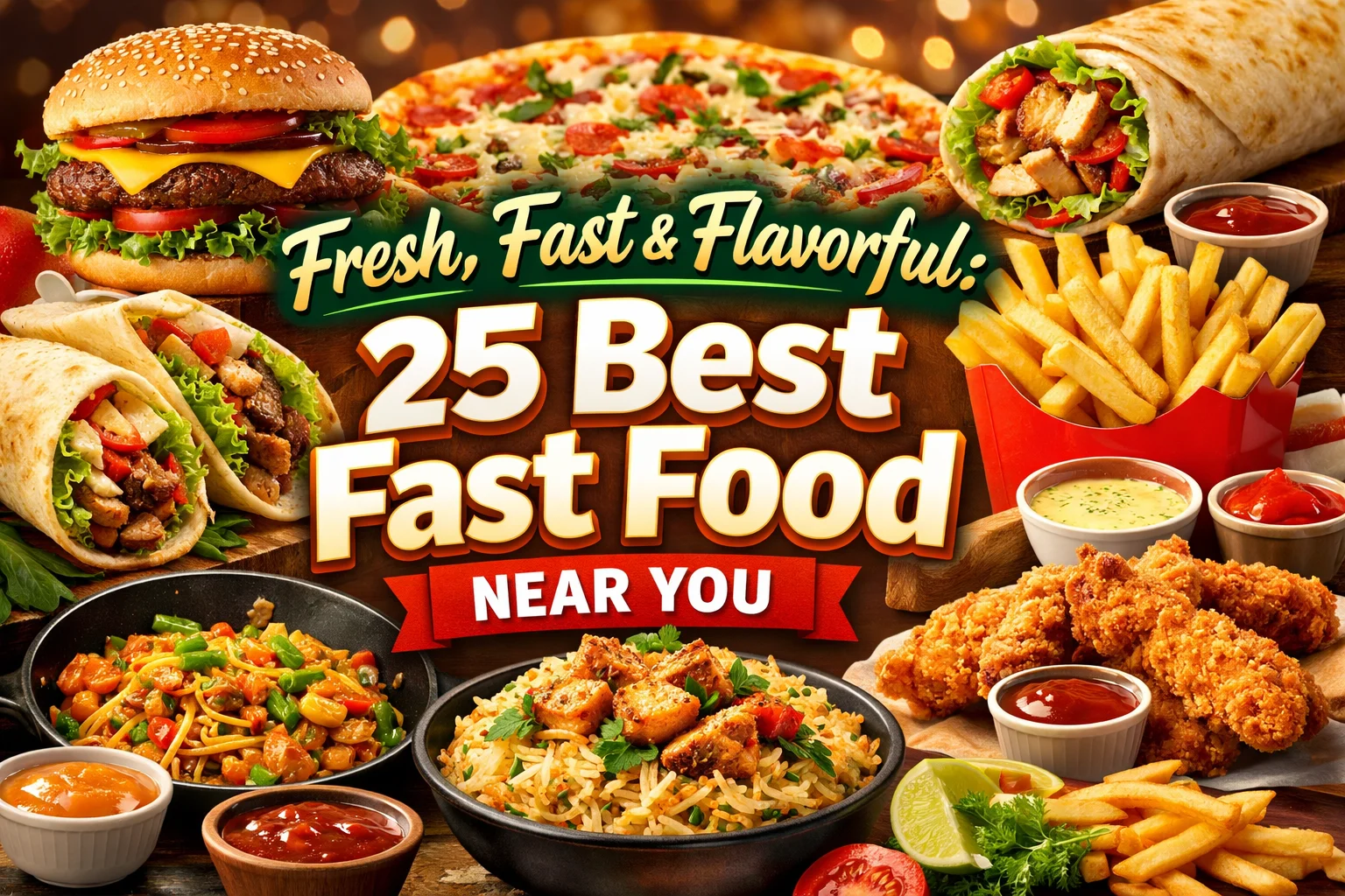Fresh, fast and flavorful fast food near you featuring burgers, pizza, wraps, fries, fried chicken and rice bowls