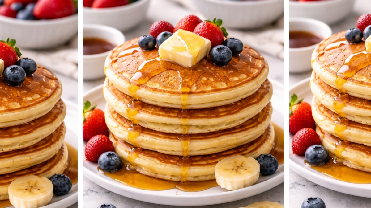 Tortitas americanas caseras esponjosas con mantequilla, sirope de arce y frutas frescas en un plato blanco