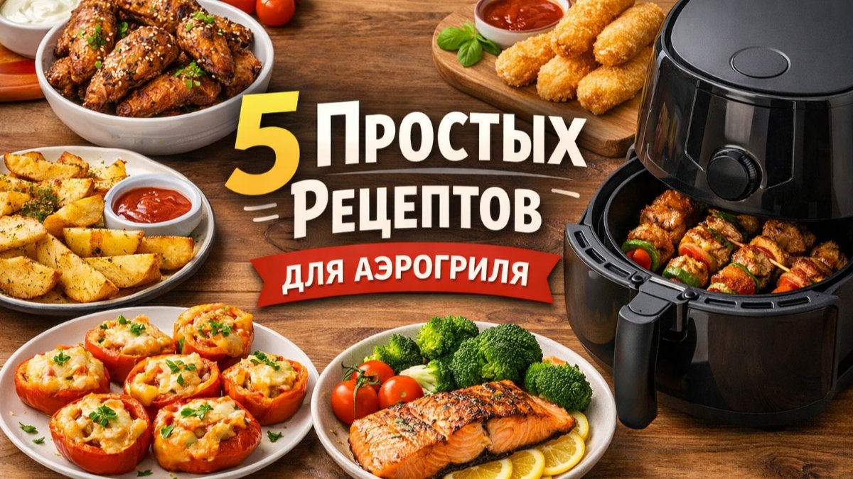 5 простых рецептов для аэрогриля с курицей, картофелем и овощами на тарелке, готовые блюда с золотистой корочкой