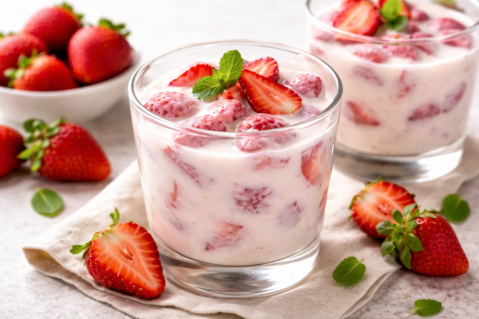 Mexican fresas con crema dessert with fresh strawberries and sweet cream in glass bowl